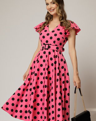 Rochie DY Fashion fucsia cu buline si curea in talie