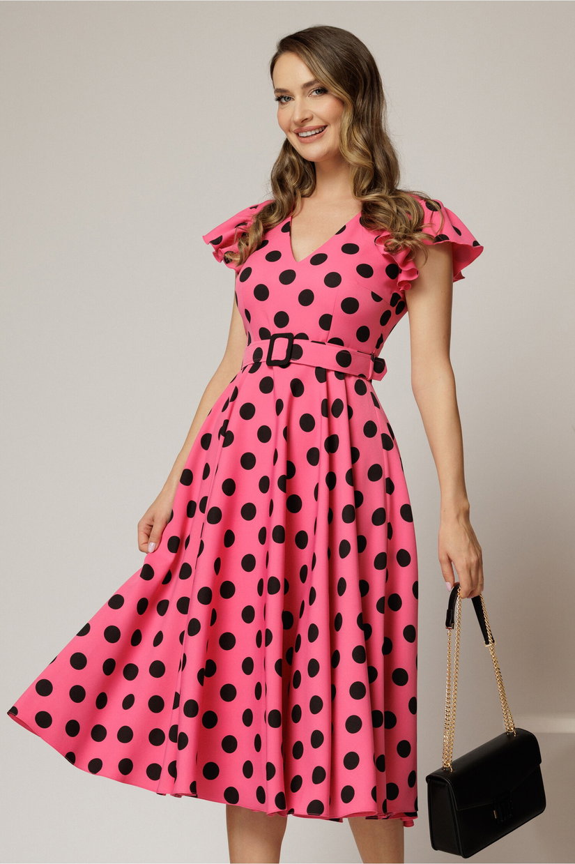 Rochie DY Fashion fucsia cu buline si curea in talie