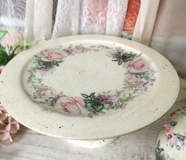 Set decorativ handmade Grădină de Trandafiri cutie și platou vintage shabby chic