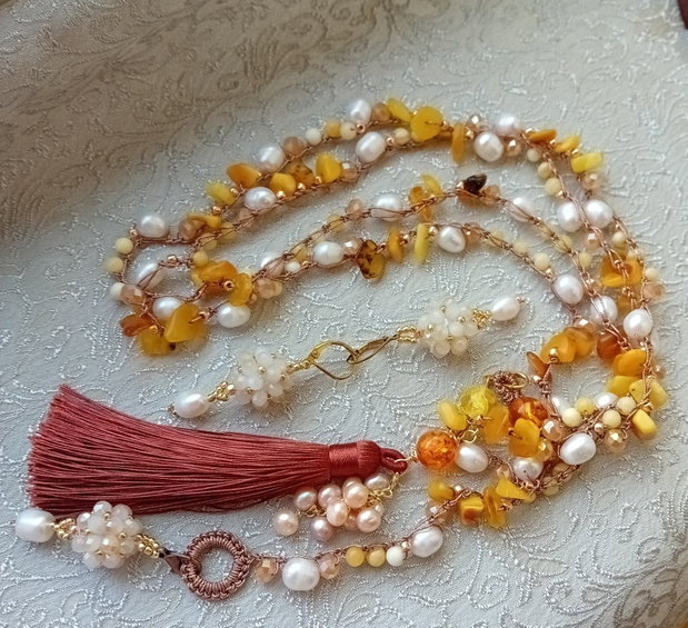 Colier rozariu chihlimbar perle cultura lemon quartz