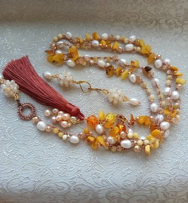 Colier rozariu chihlimbar perle cultura lemon quartz