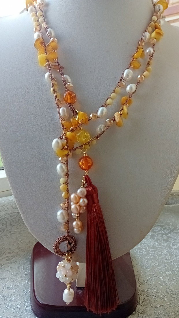 Colier rozariu chihlimbar perle cultura lemon quartz