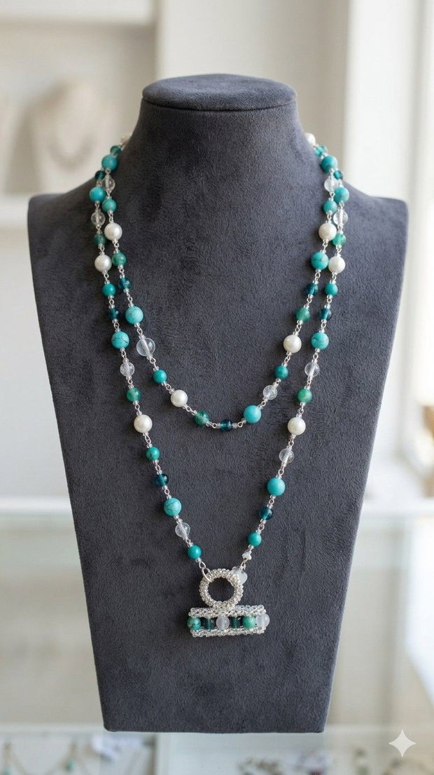Eleganță Atemporală: Colier Double-Strand cu Turcoaz și Accente Prețioase