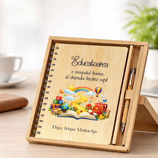 Set Cadou Personalizat Educatoare Agenda și Pix Bambus