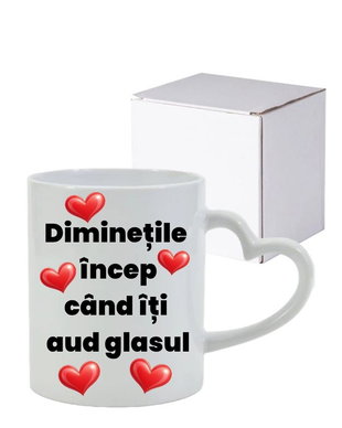 Cană personalizată ,,Diminețile încep când îți aud glasul"