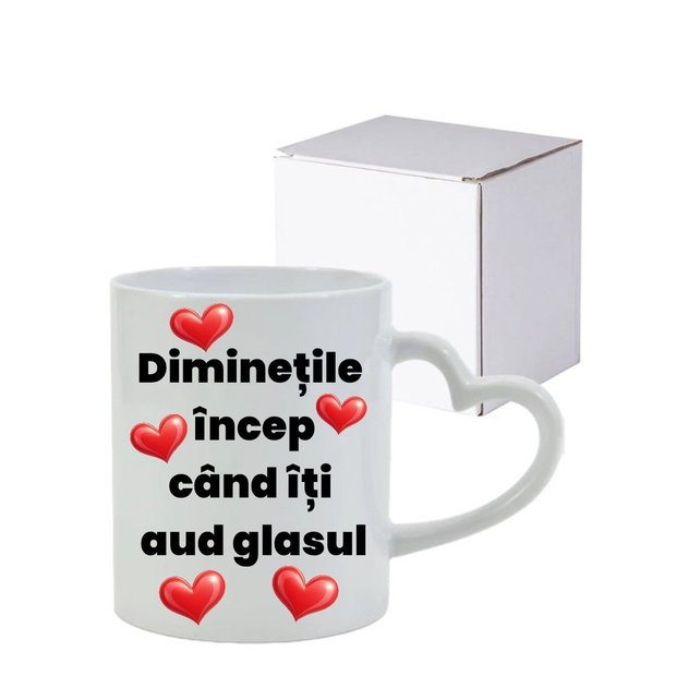 Cană personalizată ,,Diminețile încep când îți aud glasul"
