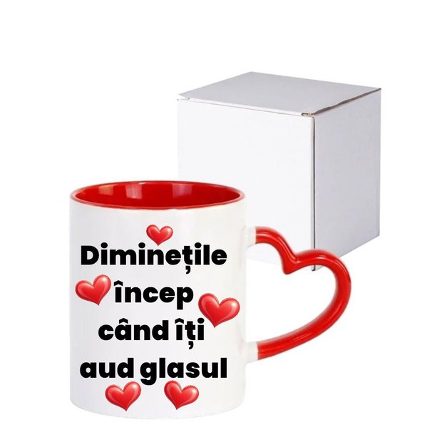 Cană personalizată ,,Diminețile încep când îți aud glasul"