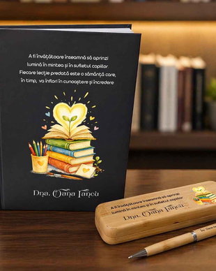 Set Cadou Personalizat pentru Invatatoare | Agenda Tip Notebook, Pix și Cutie Bambus