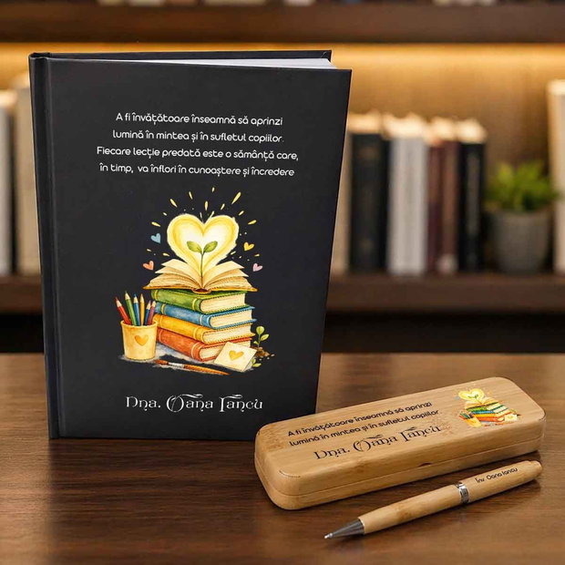 Set Cadou Personalizat pentru Invatatoare | Agenda Tip Notebook, Pix și Cutie Bambus