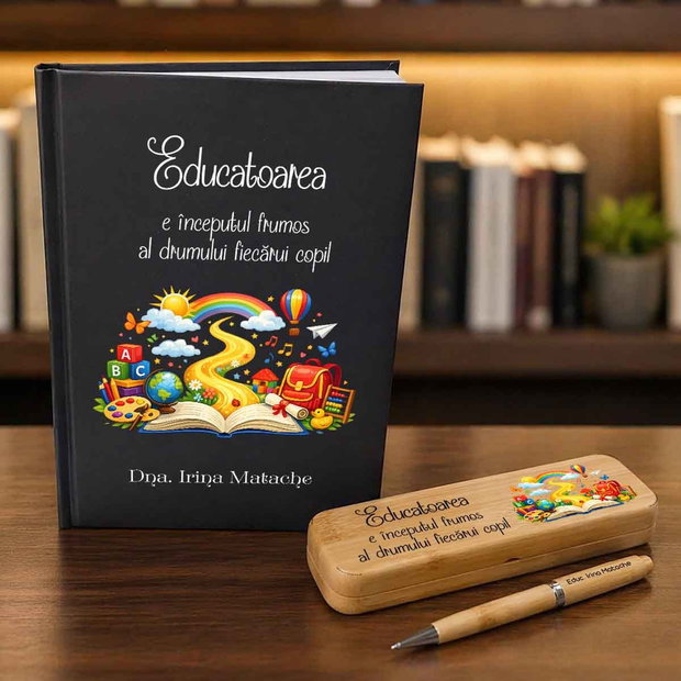 Set Cadou Personalizat pentru Educatoare | Agenda Tip Notebook, Pix și Cutie Bambus