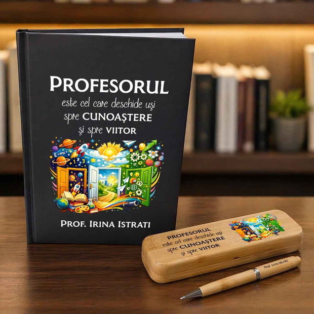 Set Cadou Personalizat pentru Profesori | Agenda Tip Notebook, Pix și Cutie Bambus