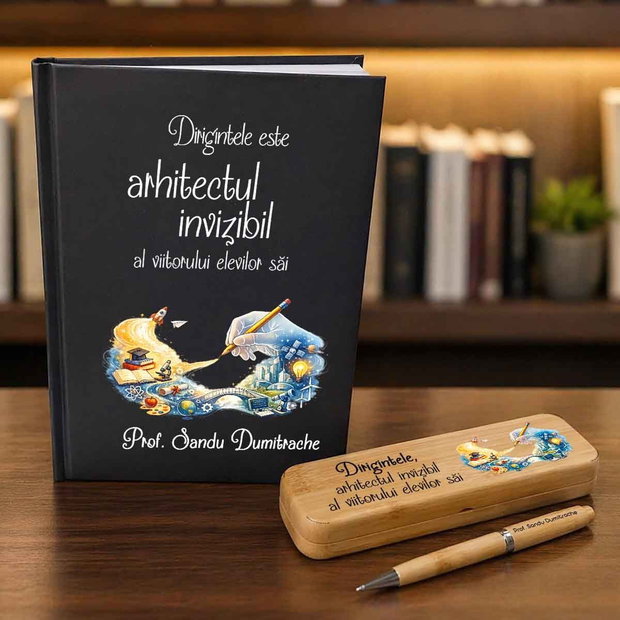 Set Cadou Personalizat pentru Diriginte | Agenda Tip Notebook, Pix, Cutie Bambus