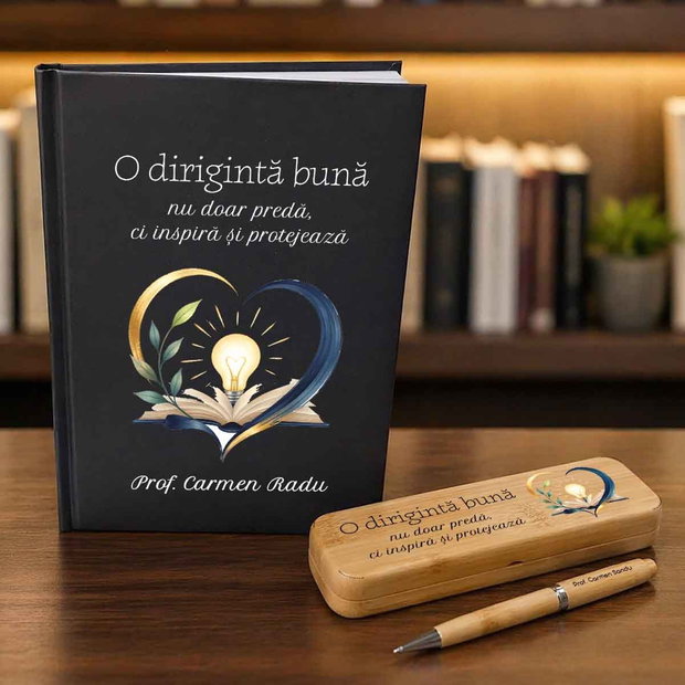 Set Cadou Personalizat pentru Diriginta | Agenda Tip Notebook, Pix și Cutie Bambus