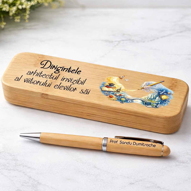 Set Premium Pix și Cutie Bambus Personalizat | Cadou pentru Diriginte