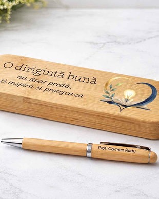 Set Premium Pix și Cutie Bambus Personalizat | Cadou pentru Diriginta