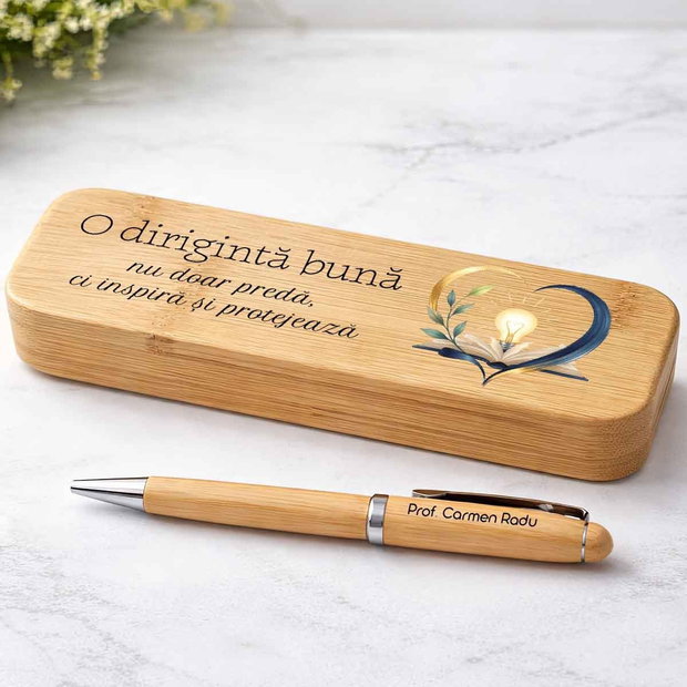 Set Premium Pix și Cutie Bambus Personalizat | Cadou pentru Diriginta