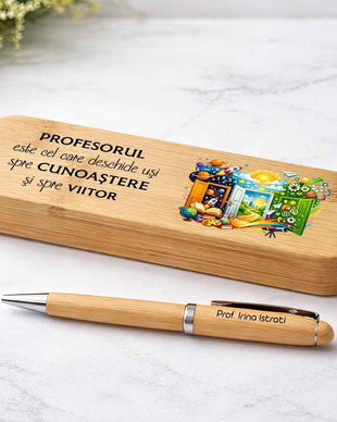 Set Premium Pix și Cutie Bambus Personalizat | Cadou Profesori