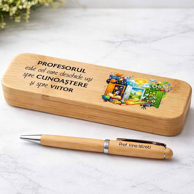 Set Premium Pix și Cutie Bambus Personalizat | Cadou Profesori