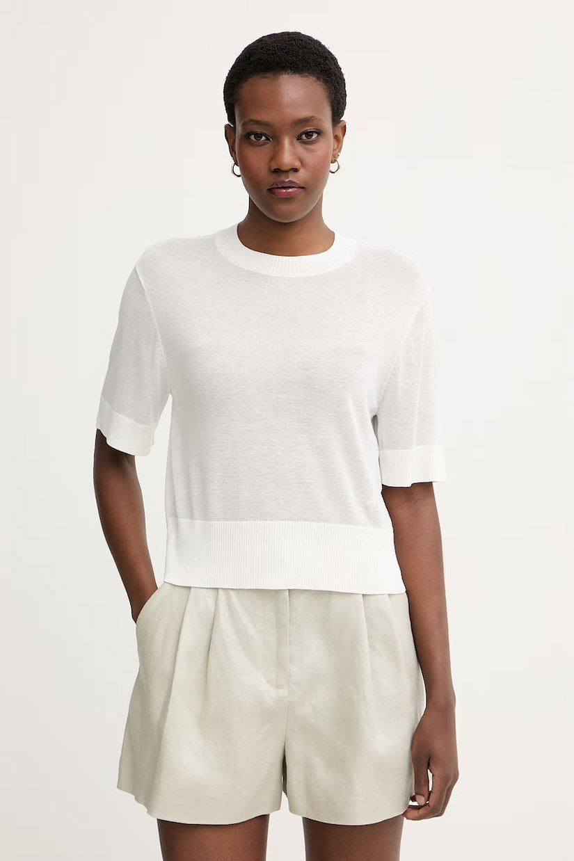 Armani Exchange pulover cu mânecă scurtă pentru femei, cu amestec de in