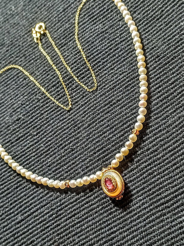 Colier vermeil perle naturale de cultura turmalina sidef charm cupru placat cu aur lant argint placat cu aur minima boho chic trendy