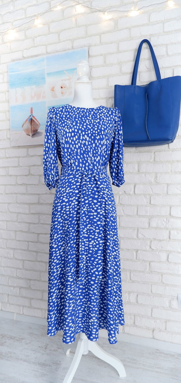Rochie Vaporoasa Albastra cu Buline Albe