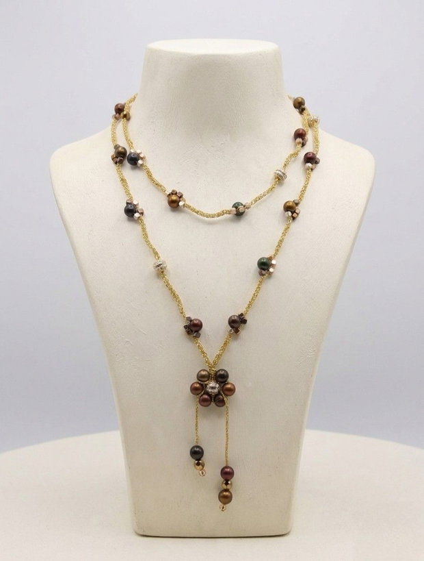 Colier "Golden Blossom" Eleganță Croșetată cu Ochi de Tigru și Fir Auriu