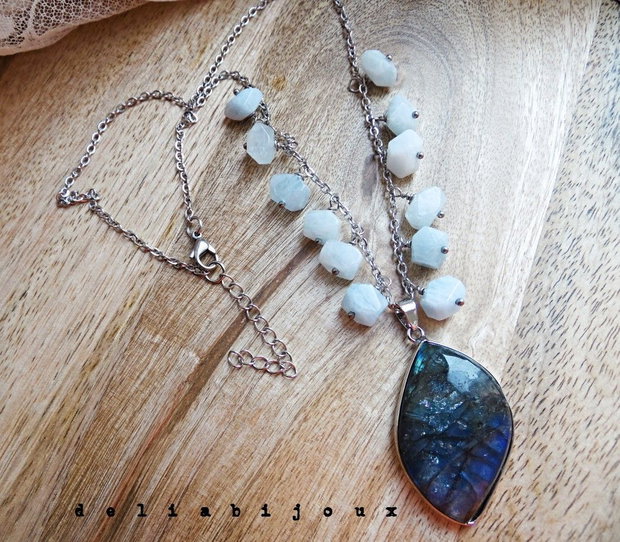 Colier handmade pietre naturale acvamarin și pandantiv labradorit (cod1423)