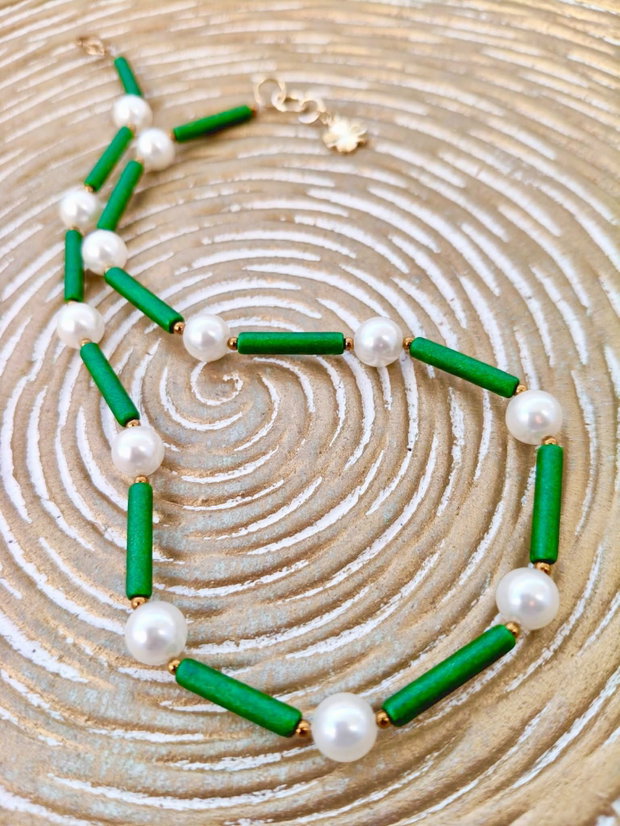 Colier Choker ceramica verde & perle de Mallorca albe