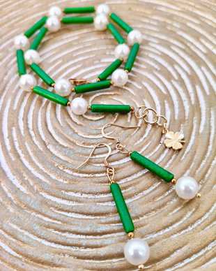 Colier Choker ceramica verde & perle de Mallorca albe