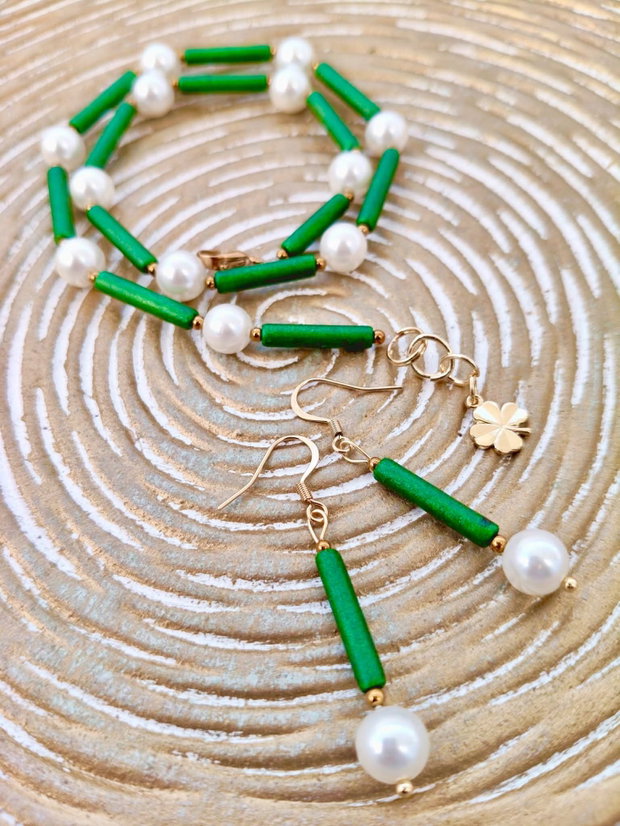 Colier Choker ceramica verde & perle de Mallorca albe