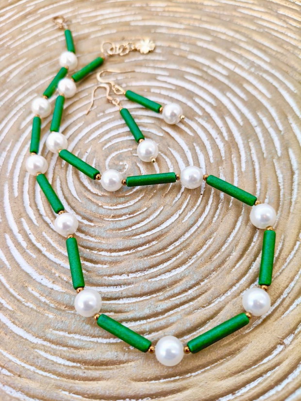 Colier Choker ceramica verde & perle de Mallorca albe