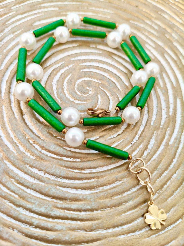 Colier Choker ceramica verde & perle de Mallorca albe