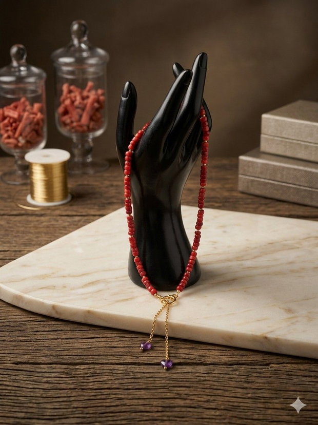 Colier Elegant din Coral Roșu Natural și Accente Aurii - Handmade