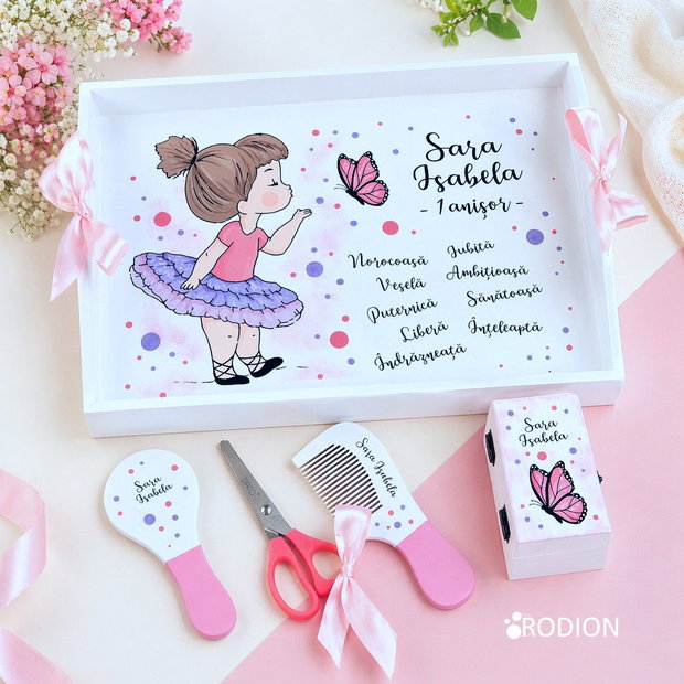Tava turta balerina personalizata cu nume pictat manual, set mot fetita