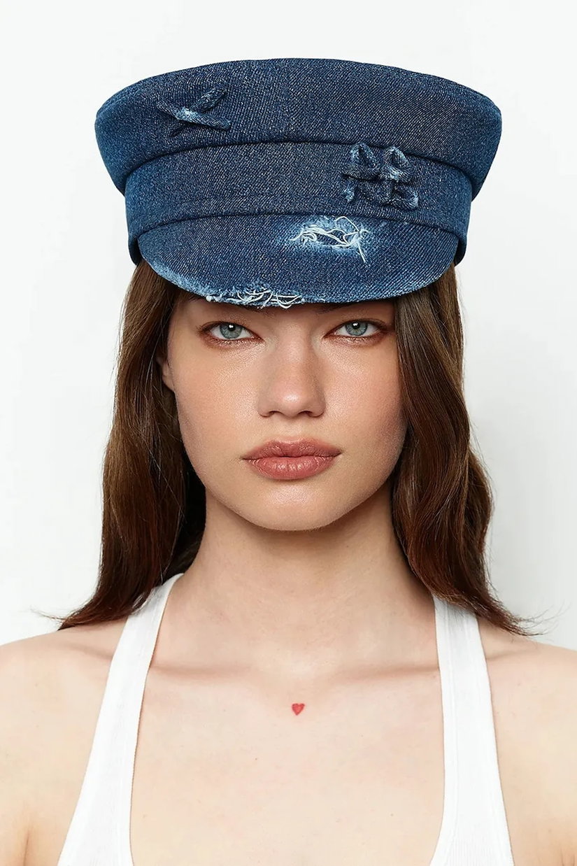 RUSLAN BAGINSKIY căciulă pentru femei, din denim Distressed Baker Boy Cap