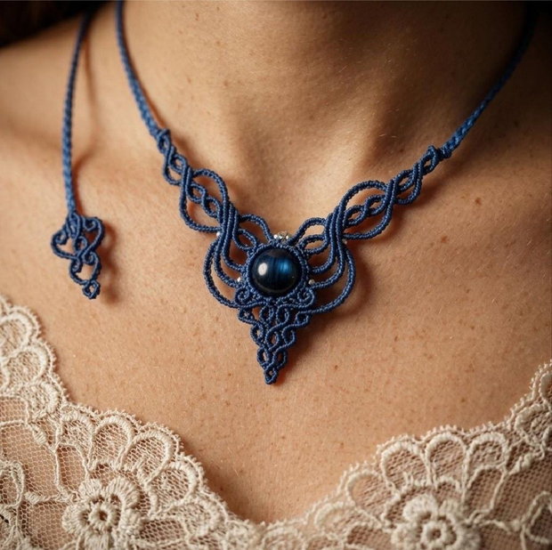 Colier Delicat Micromacrame Albastru Regal cu Ochi de tigru