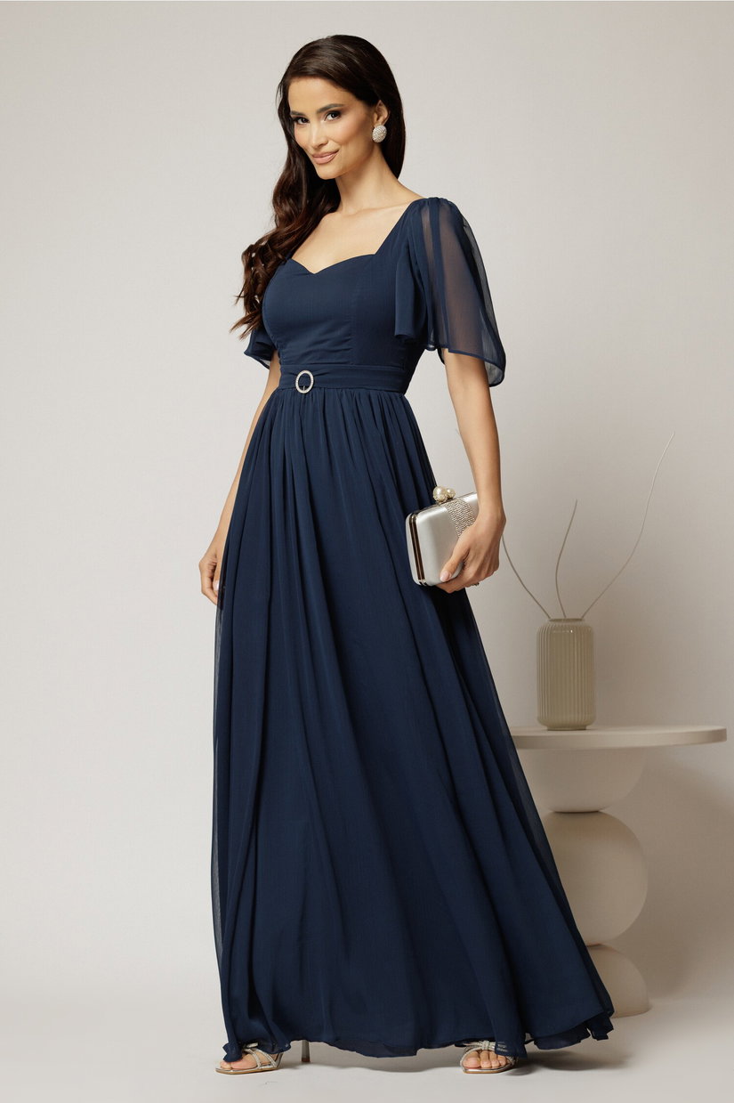 Rochie DY Fashion lunga bleumarin de seara din voal cu decolteu inima