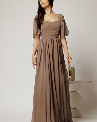 Rochie DY Fashion lunga maro de seara din voal cu decolteu inima