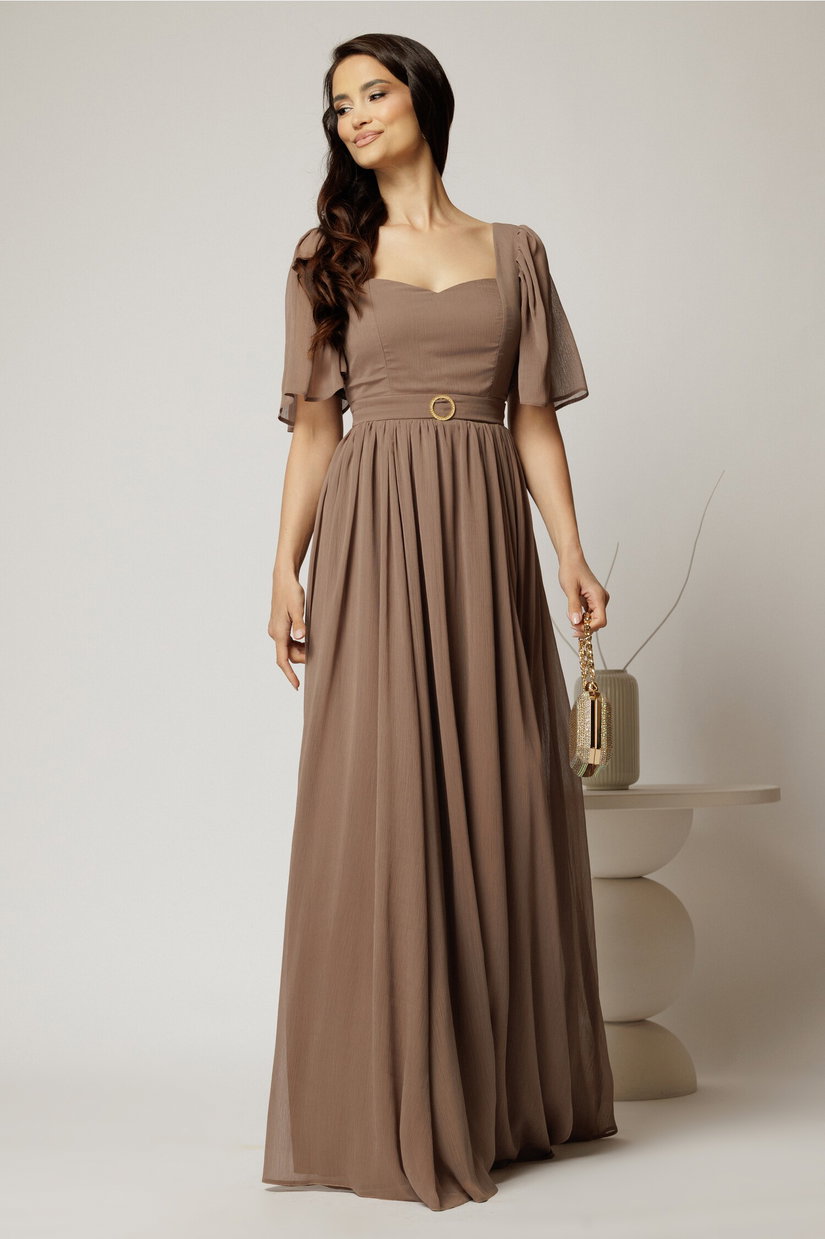 Rochie DY Fashion lunga maro de seara din voal cu decolteu inima