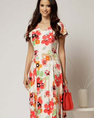 Rochie midi ivoar in clini cu imprimeuri florale rosii din viscoza