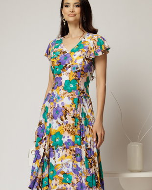 Rochie midi ivoar in clini cu imprimeuri florale mov din viscoza