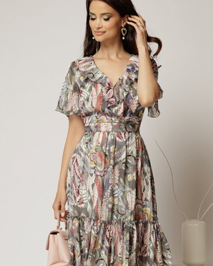 Rochie midi din voal kaki cu imprimeuri cu decolteu petrecut cu volanase si maneci scurte