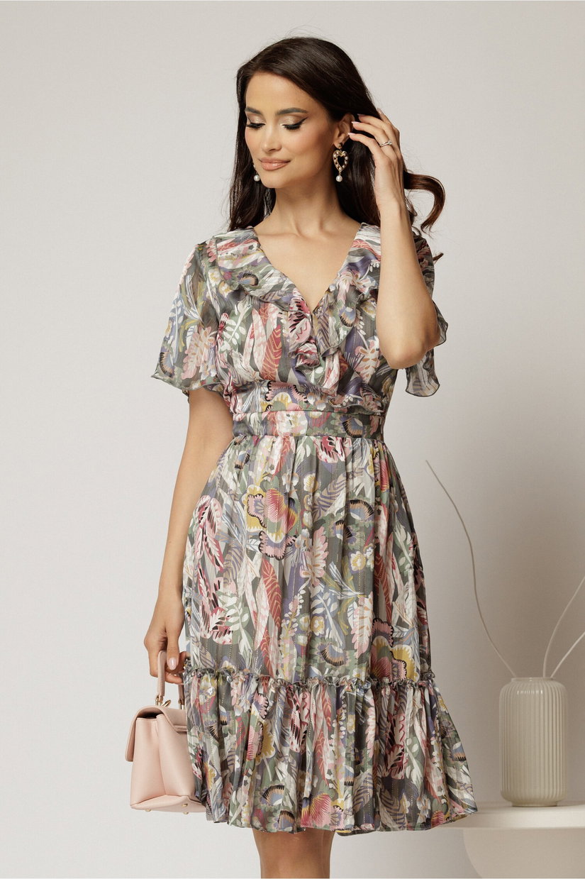 Rochie midi din voal kaki cu imprimeuri cu decolteu petrecut cu volanase si maneci scurte