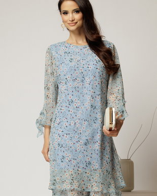 Rochie midi din voal bleu cu floricele si maneci trei sferturi