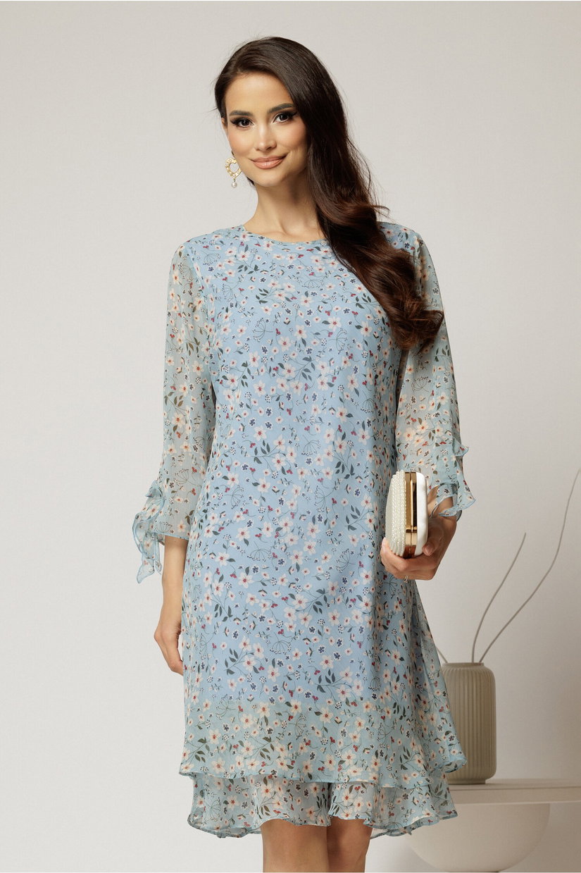 Rochie midi din voal bleu cu floricele si maneci trei sferturi