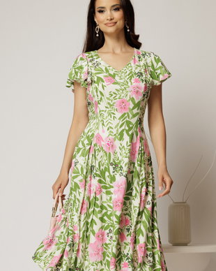 Rochie midi ivoar in clini cu imprimeuri florale verzi si roz din viscoza