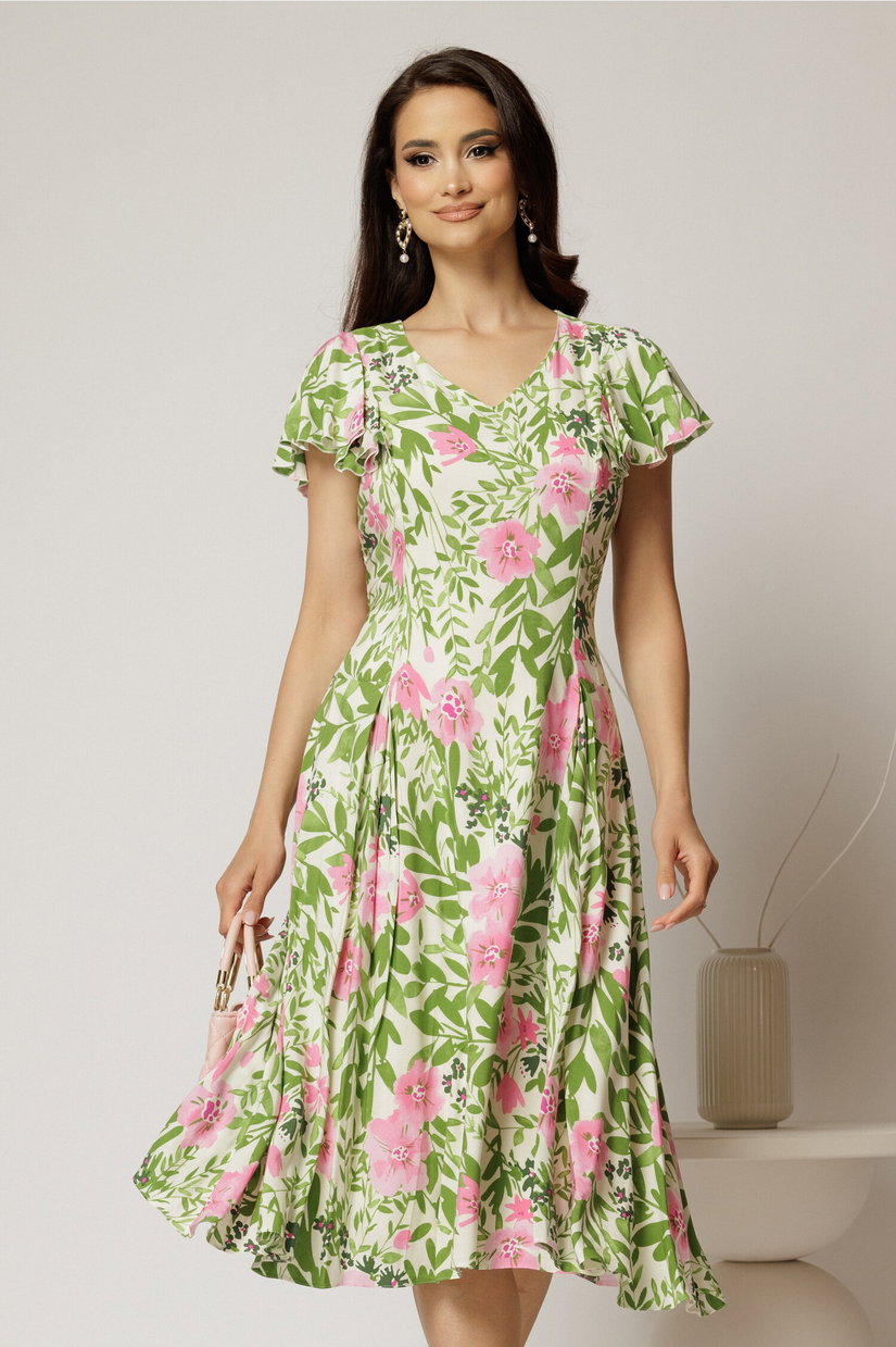 Rochie midi ivoar in clini cu imprimeuri florale verzi si roz din viscoza