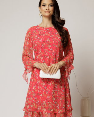 Rochie midi din voal rosu cu floricele si maneci trei sferturi