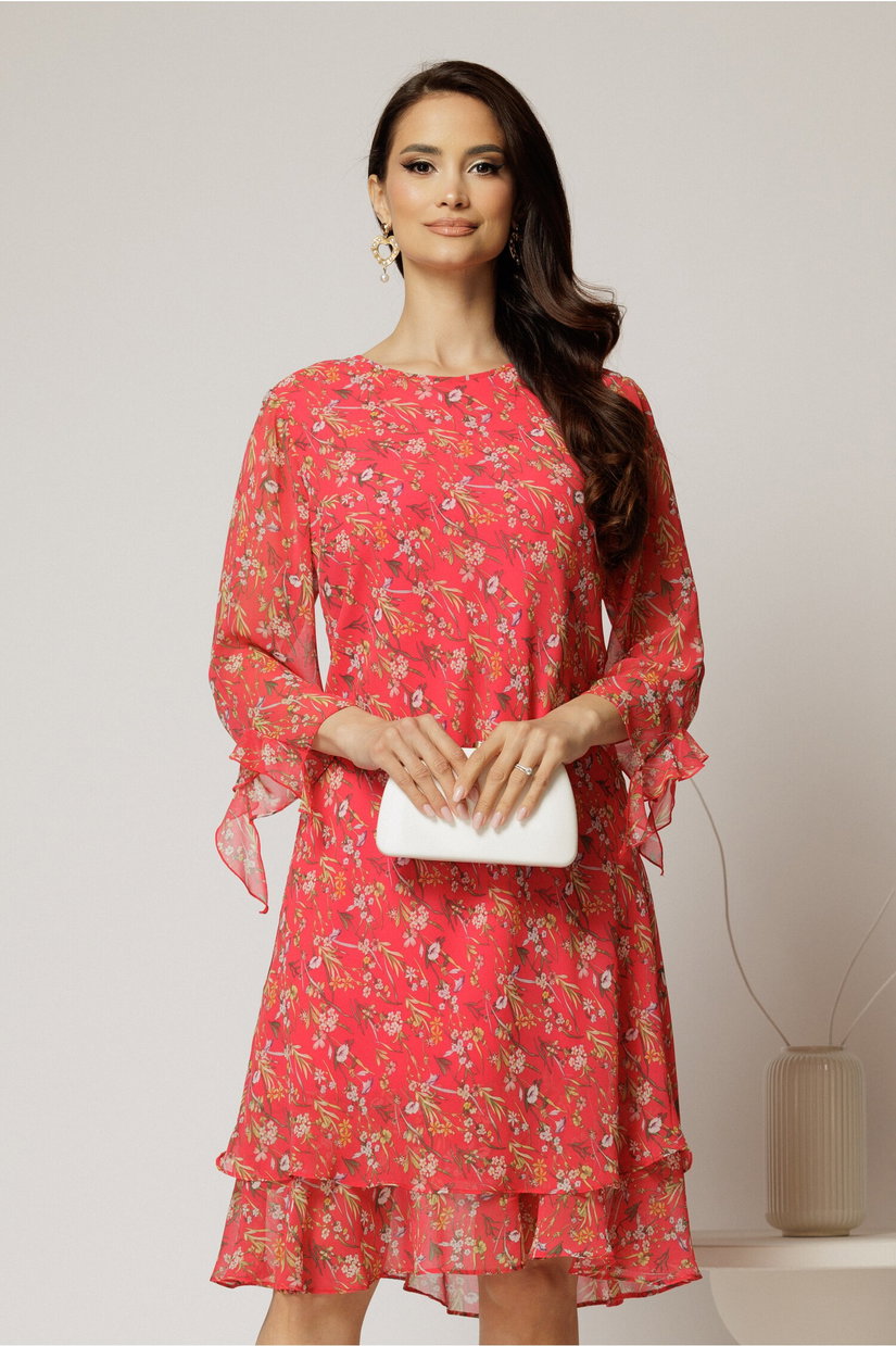 Rochie midi din voal rosu cu floricele si maneci trei sferturi