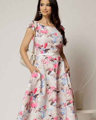 Rochie midi bej cu flori fucsia bleu in clos cu buzunare si curea in talie